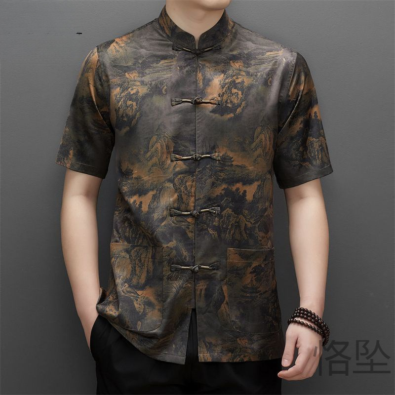 kz夏季新款桑蚕丝唐装男士短袖香云纱中式薄款凉爽爸爸装盘扣中国