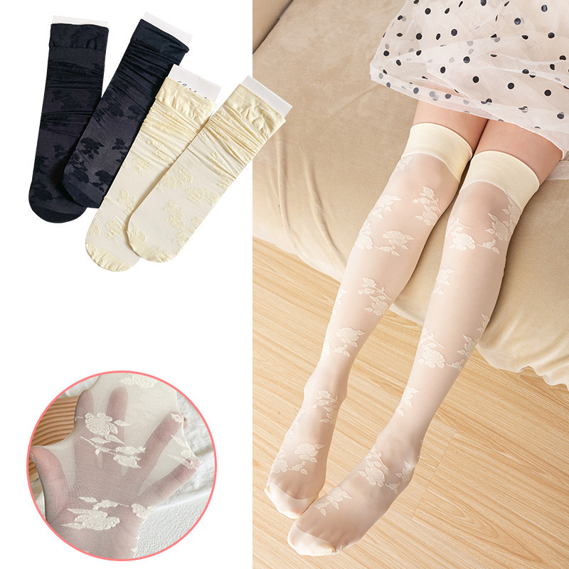 儿童袜子春夏季女童中长筒袜女童lolita氨纶花朵高筒袜中大童学生