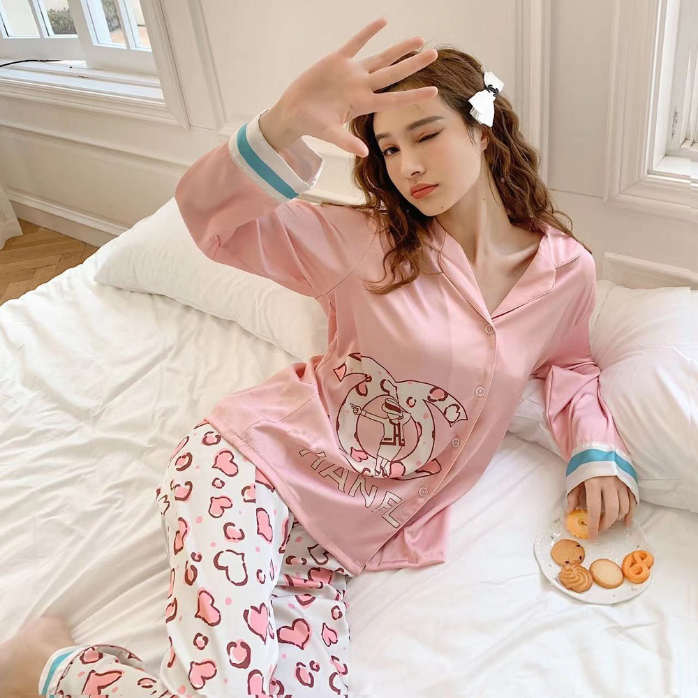 新款外穿春秋薄款冰丝睡衣女长袖长裤可爱卡通家居服两件套可代发