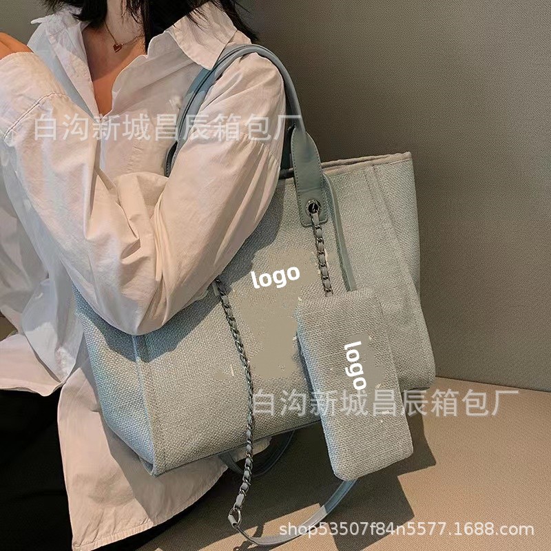 Classic Chanel-like Embroidered Beach Bag Linen Canvas Mummy Bag Large Capacity Shopping Bag Shoulder Hand Bag