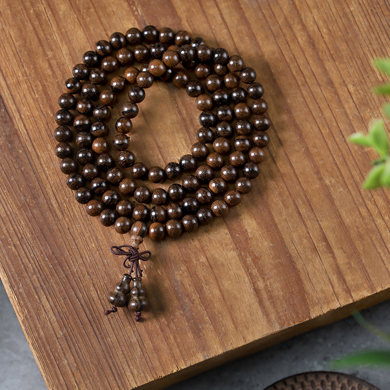 禅意风多圈佛珠手持 天然黑柿木沉香佛珠手串 文玩木质项链 批发