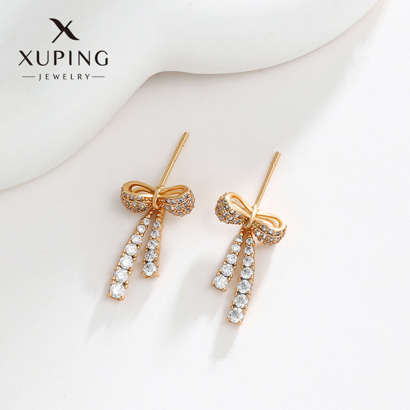 xuping jewelry micro-inlaid zirconium tassel bow earrings fashionable temperament niche earrings light luxury fairy earrings for women