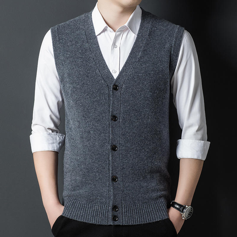 中年男士秋冬季100纯羊毛坎肩针织开衫中老年爸爸装马甲上衣背心