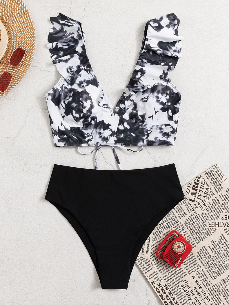 亚马逊新款水墨印花荷叶边v领分体泳装欧美高腰性感沙滩比基尼女