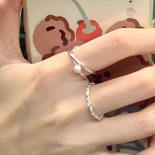 s925银珍珠戒指女小众设计素圈指环叠戴高级感时尚个性开口食指戒