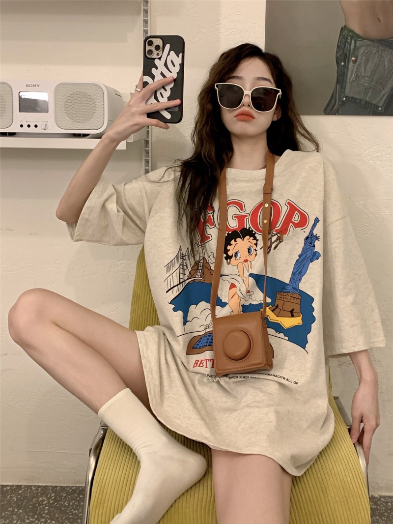 美式复古短袖体t恤女ins潮夏季卡通印花宽松oversize下身失踪上衣