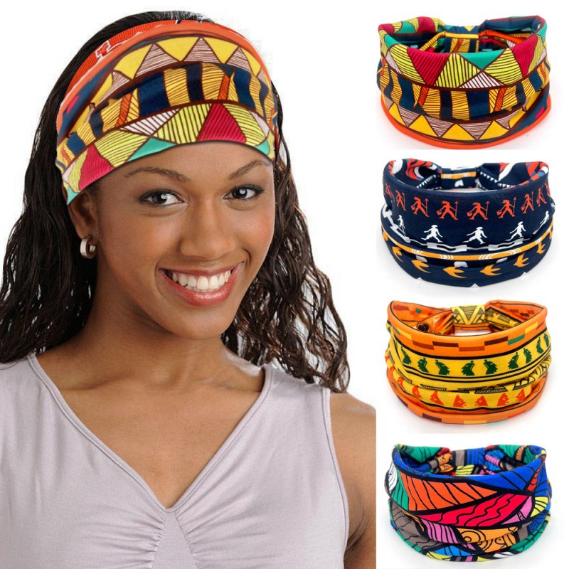 Cross-Border Hot Women's Hair Band African Print Pattern Headscarf Wide-Brimmed Knotted Elastic Yoga Cycling Sports Headband