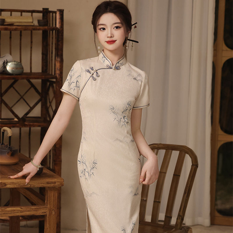 新中式旗袍新款2023年轻款少女日常复古水墨画改良连衣裙中长款夏