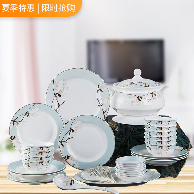 bowl and chopsticks set household combination jingdezhen new chinese ceramic bowl and dish wholesale bone china tableware full set of practical gifts