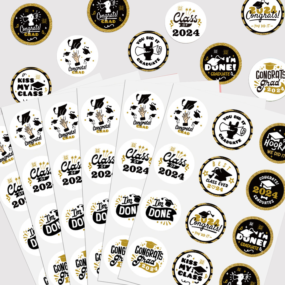 2024跨境毕业季派对贴纸标签亚马逊新款学士帽礼品圆形不干胶贴纸