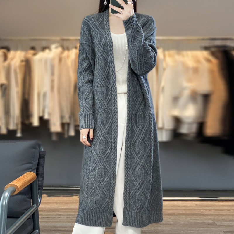重工加厚绞花秋冬羊毛中长款开衫女v领毛衣宽松长款羊绒针织外套