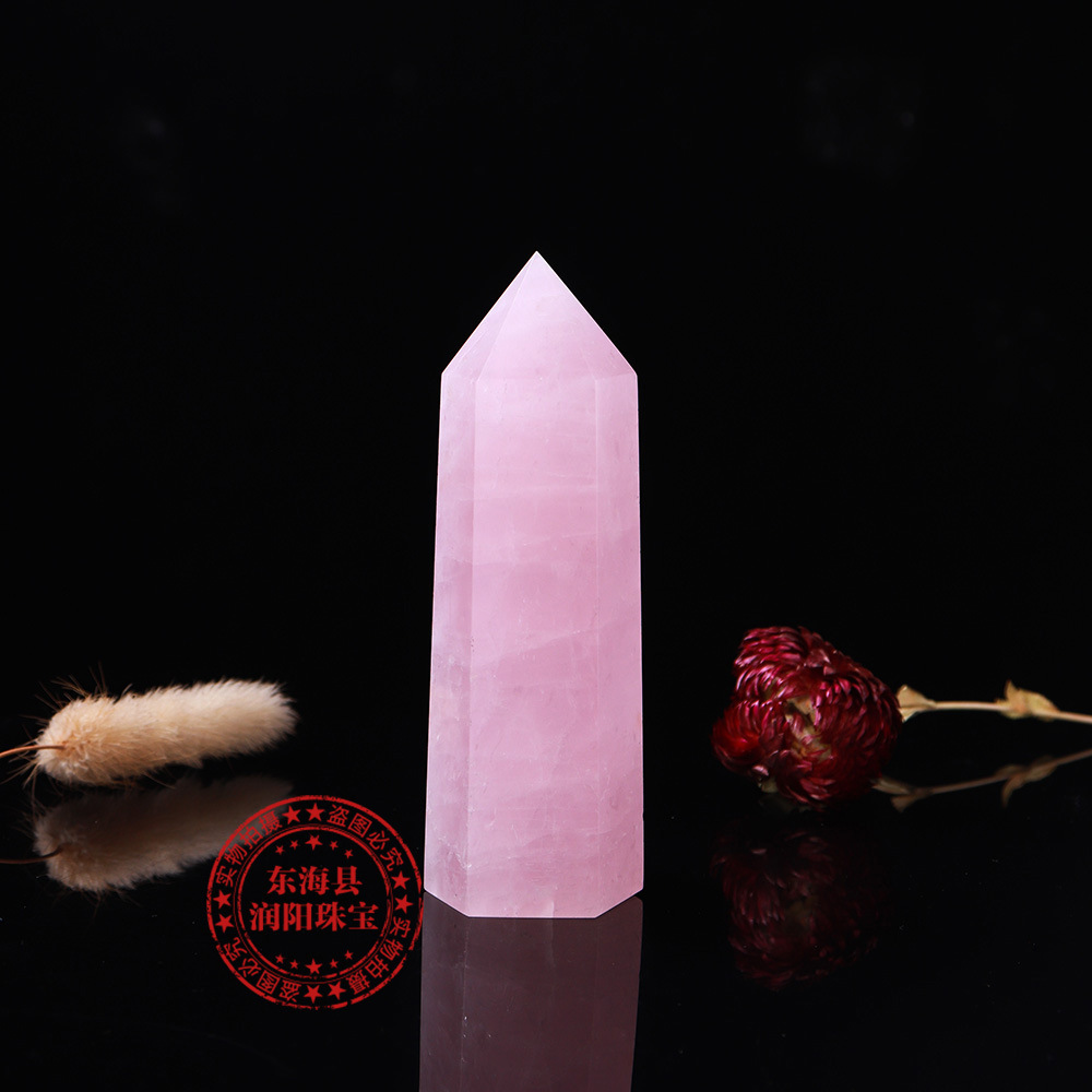 天然粉水晶大柱子 能量水晶摆件 粉色石英抛光六棱柱厂家直销