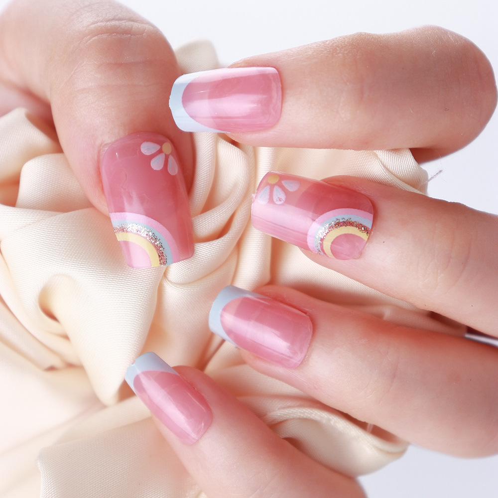 24片夏季新款可拆卸彩虹花朵法式假指甲贴片 短款穿戴甲成品批发