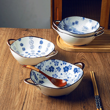 日式陶瓷双耳碗釉下彩家用餐厅创意带把大汤碗螺蛳粉拉面碗批发
