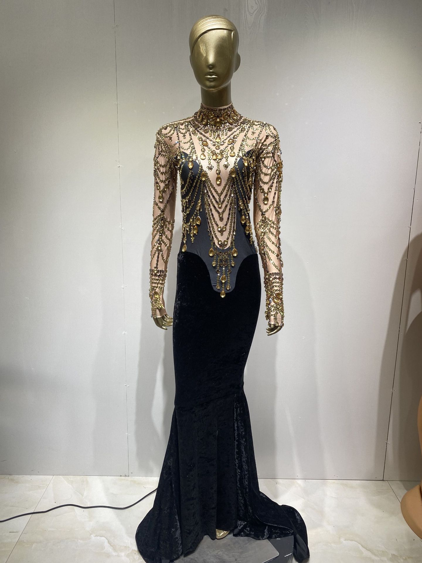 stock跨境热卖欧美风性感闪亮水钻拖地连衣长裙宴会酒会晚礼服女