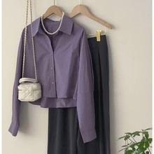 品牌折扣专柜商场外贸女装清仓衬衫女韩版时尚紫色Polo领上衣衬衣
