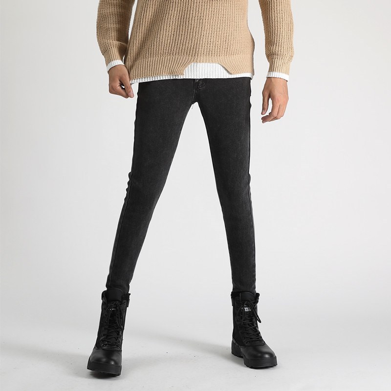 高弹力牛仔裤超弹小脚男生秋冬厚款雪花紧腿修身男长裤