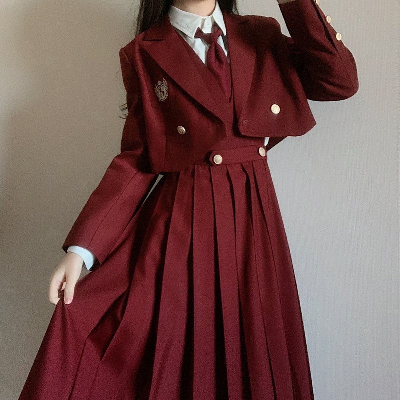 红色护奶裙日系jk制服套装裙子显瘦学院风甜美衬衣背带连衣裙秋季