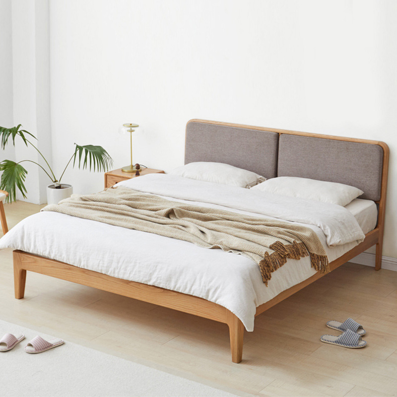 日式简约橡木床软包双靠背床双人单人床1.5米1.8米卧室家具北欧