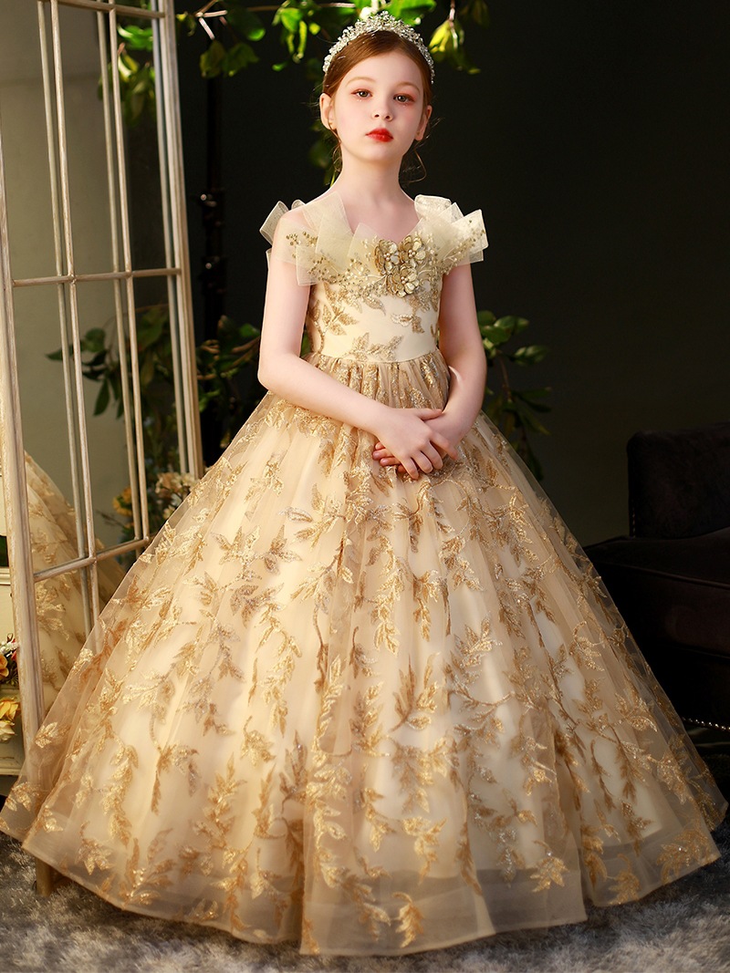 女童公主裙儿童新款金色洋气中大童高端主持人礼服生日宴会高贵