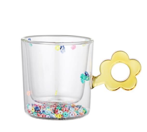 High Borosilicate Glasses Flower Cup Double Layer Quicksand Water Cup Color Handle Cute Office Drinking Cup