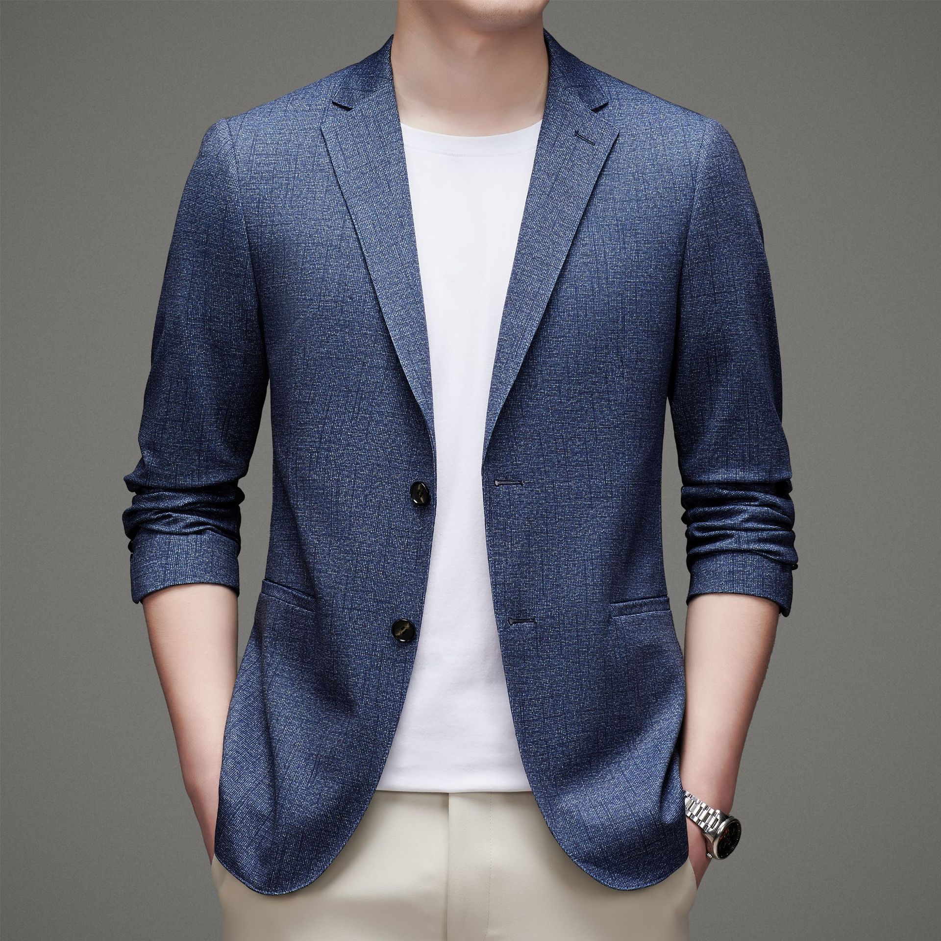 外贸薄款中年男士休闲西装外套纯色立体修身剪裁商务免烫西服批发