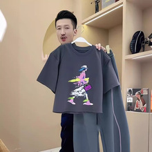 韩版短款高级灰卡通唯美图案时尚简约T恤裤子套装女2024年夏季