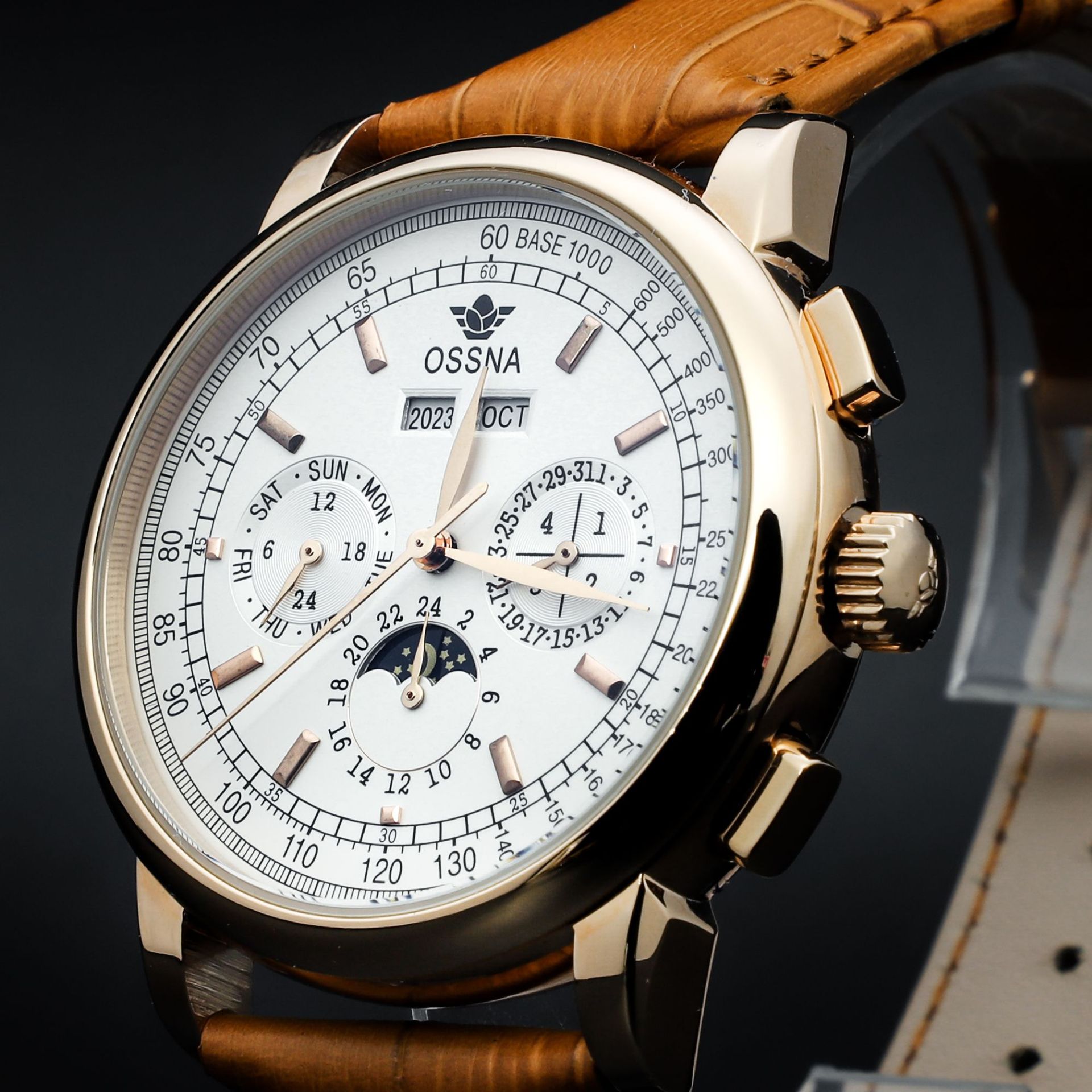 ossna全自动机械表男百达万年历真皮 六针防水男士翡丽精钢手表