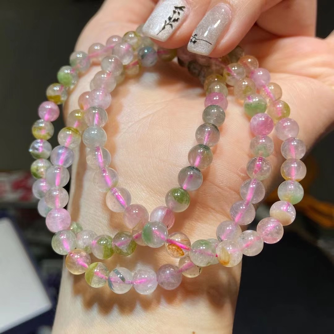 天然西瓜碧玺手链 西瓜碧玉化冰透小清新西瓜碧玺圆珠单圈手串批