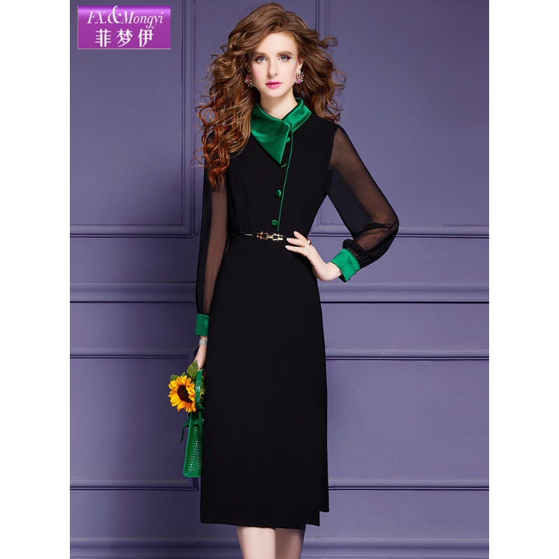 菲梦伊黑色衬衫连衣裙女春装新款高级感时尚通勤收腰中长款大摆裙