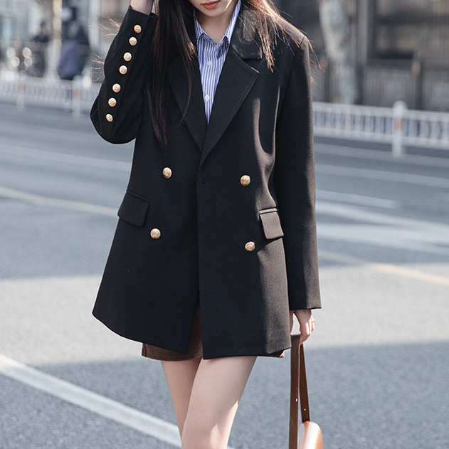 2024春新款大码黑色宽松西装外套女胖mm中长款设计感职业气质西服