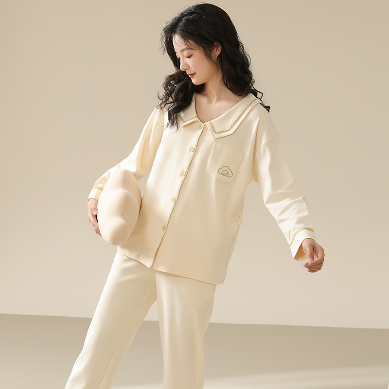 5A Pure Cotton Pajamas Autumn Women's Long-Sleeved Thin Cardigan Lapel Simple Outer Wear Elastic Cool Cotton Ladies' Homewear