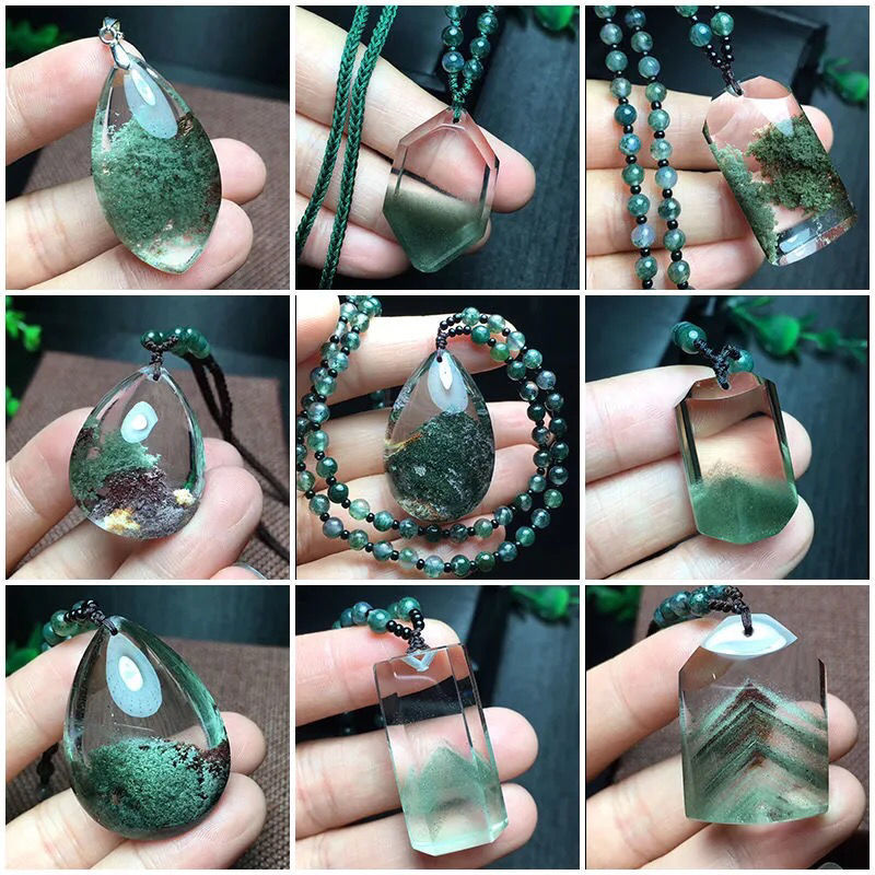 天然水晶绿幽灵吊坠女发晶转运珠水滴无事牌男四季幽灵项链毛衣链