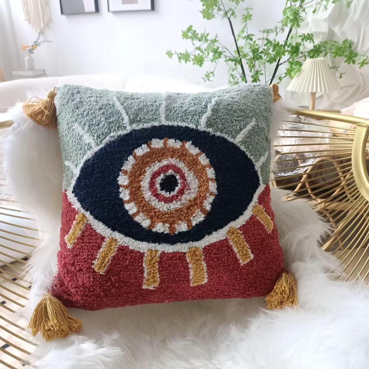 Cross-Border New Arrival Devil's Eye Pillow Cover Amazon Handmade Tufted Tassel Pillow Temu Waist Pillow Cushion