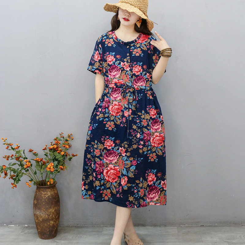 Southeast Asian Style Cotton and Linen Women's Dress Summer New Floral Print Middle-Aged Mom Dress Waist Collection Nostalgic Artistic