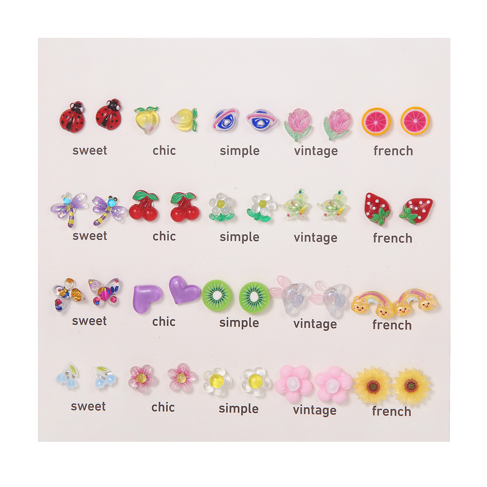 Ins Popular Ornament Sweet Cute Resin Flowers 20 Pairs Earings Set Combination Cartoon Cute Little Bear Earrings