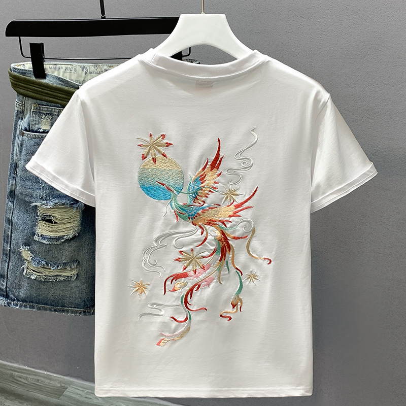 国潮中国风衣服白色刺绣短袖t恤男夏季宽松大码凤凰潮牌重磅半袖
