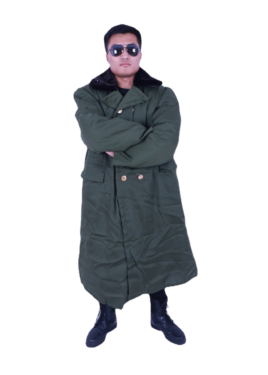 涤纶加厚加长军大衣保安物业棉袄保暖抗寒救灾棉服黄大衣现货批发