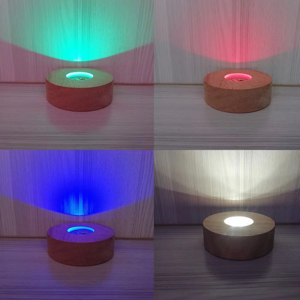 round Battery Box Solid Wood Luminous Base Led Crystal Lamp Holder Small Night Lamp 3 Batteries with Switch Ornaments