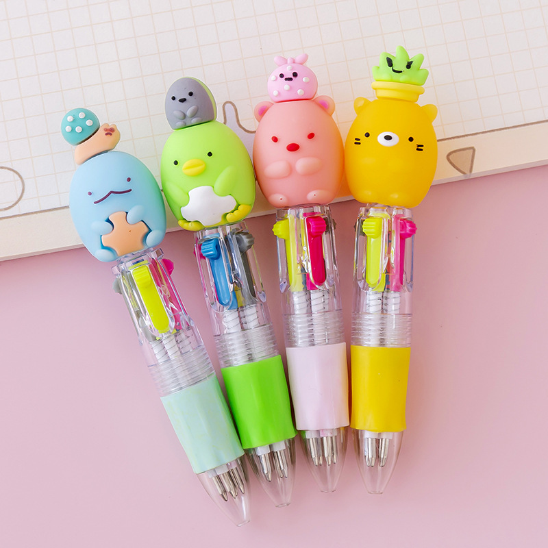 Korean Cute Cartoon Cute Object Head Four-Color Mini Color Ballpoint Pen Student Stationery Gifts Wholesale Prizes