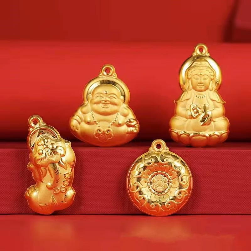 足金999黄金观音弥勒佛吊坠双面纯金3d立体挂件 直播会销货源礼品