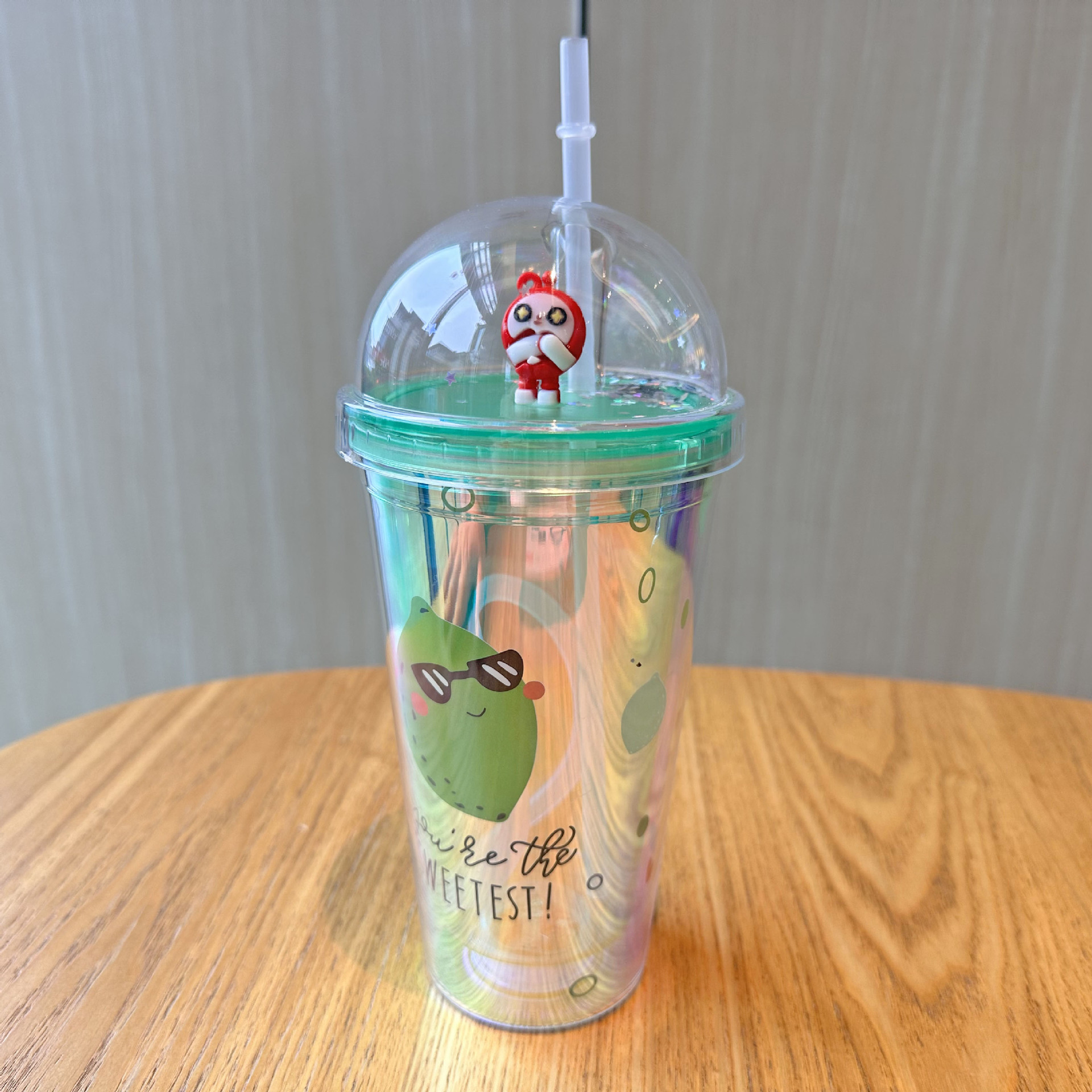 Foreign Trade Hot Sale Double Layer Ice Cup Wholesale Cartoon Fruit Colorful Laser Plastic Cup Micro Landscape Cup Portable Straw Cup