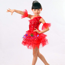 儿童舞蹈服装演出服装纱裙拉丁舞表演服装连体亮片套裙单肩公主裙