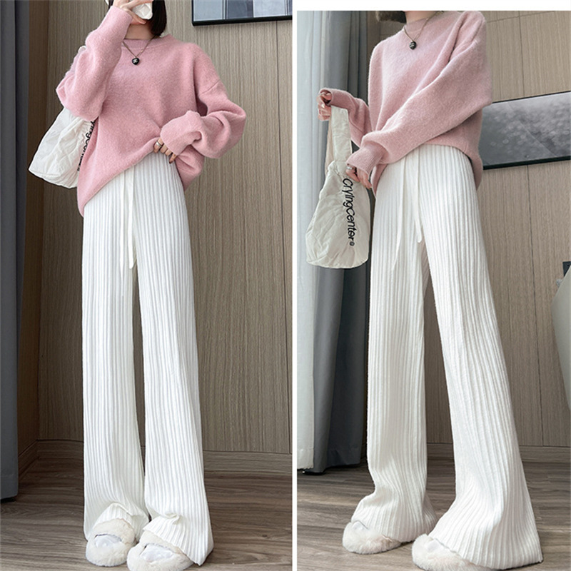 Knitted Texture High Waist Wide Leg Pants Women's Autumn and Winter New Drawstring Casual Slimming Drooping Straight Wool Mop Pants