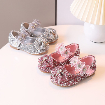 跨境女童鞋春秋新款水晶公主鞋蝴蝶结花朵时尚女孩表演亮晶晶皮鞋