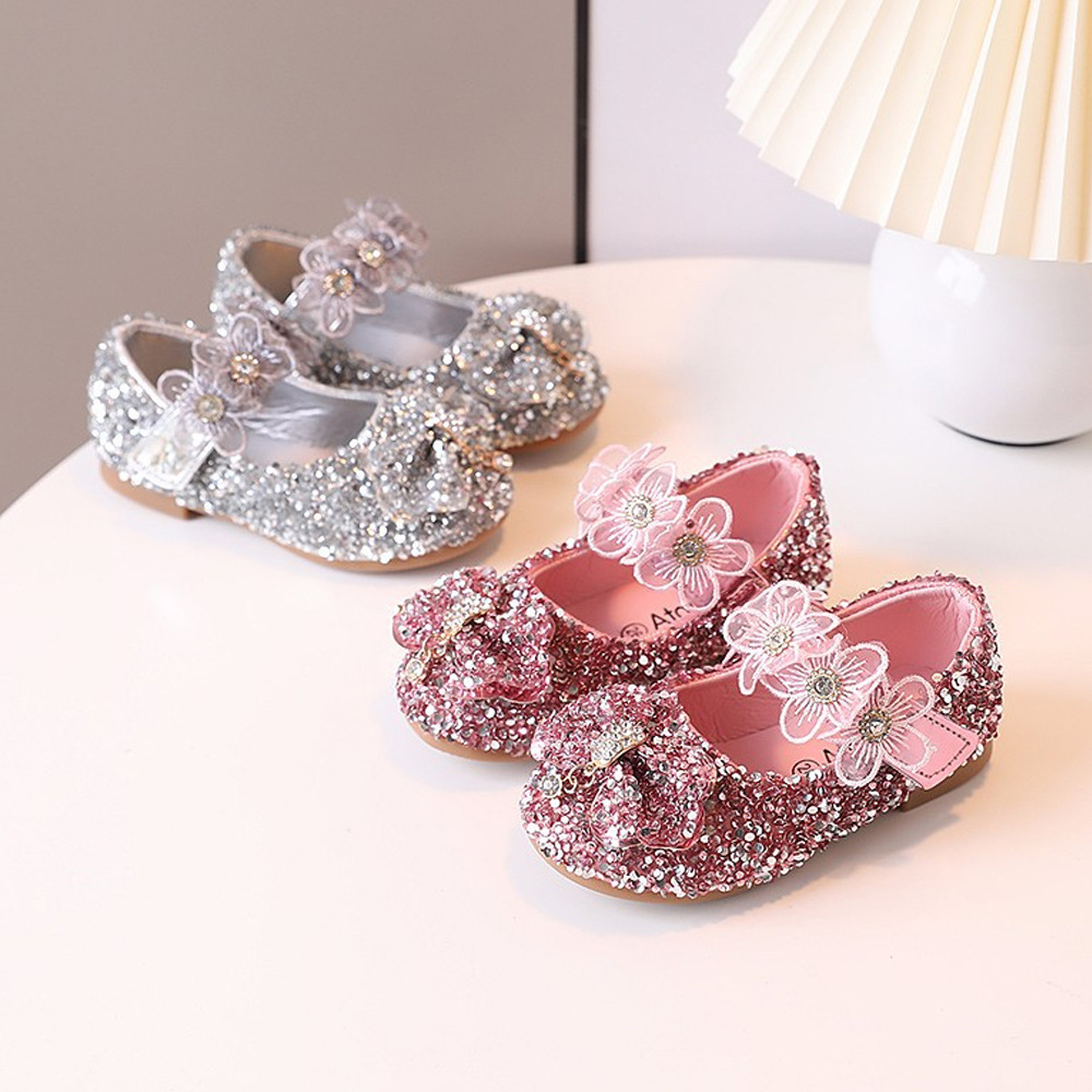 跨境女童鞋春秋新款水晶公主鞋蝴蝶结花朵时尚女孩表演亮晶晶皮鞋