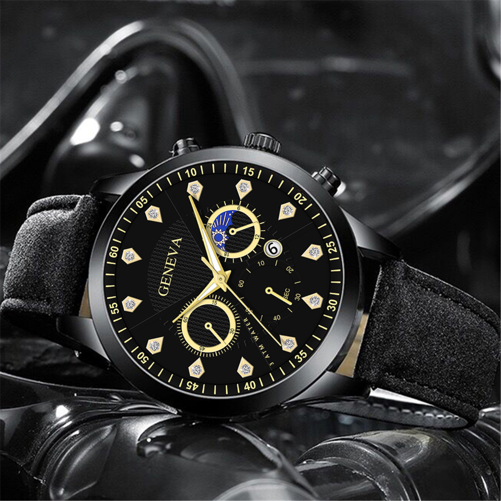 geneva新款日月星辰男士皮带手表假三眼莱茵石镶嵌日历石英表男款