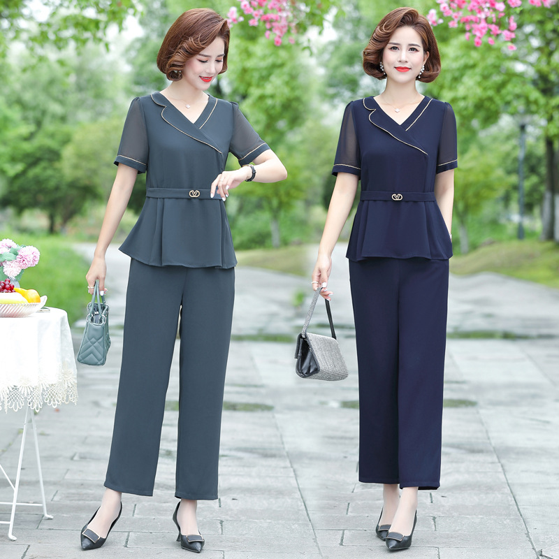 Young Mother Summer Wear Elegant Outfit 2023 New 40-Year-Old 50 Western Style Two-Piece Suit Middle-Aged Women's Short Sleeve T-shirt
