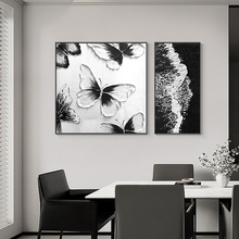 艺术餐厅装饰画墙挂画感背景黑白肌理蝴蝶餐桌客厅壁画两联饭厅