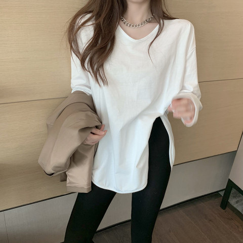 2023 Early Autumn New Base Shirt Loose Cotton White Long Sleeve T-shirt Women's Split Large Version Outer Wear Western Style Top